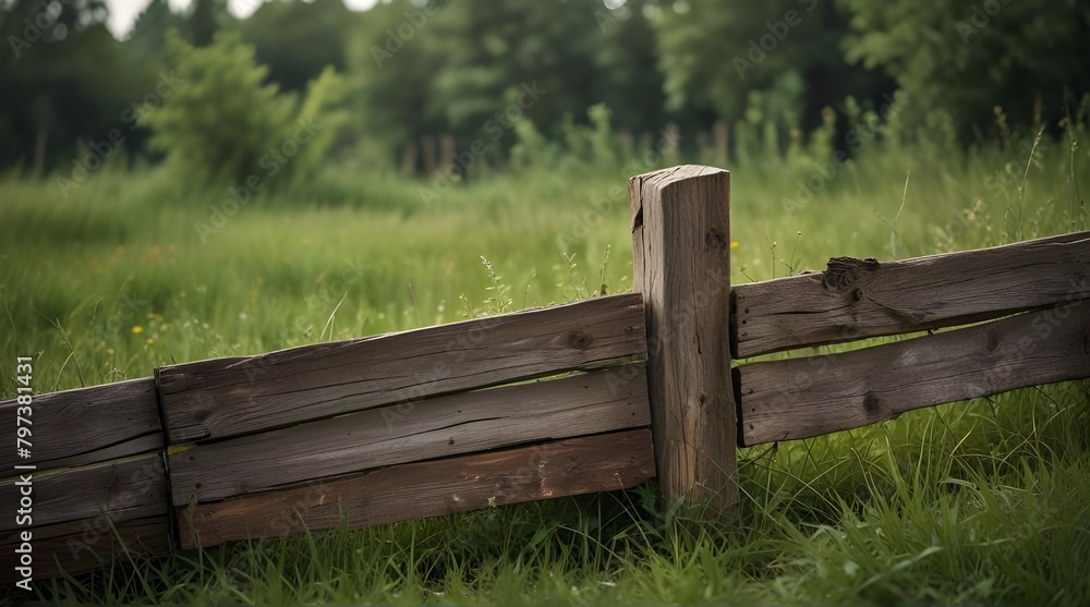 Old shaky wooden fence in the field overgrown with grass. Selective focus.generative.ai Old shaky wooden fence in the field overgrown with grass. Selective focus.generative.ai