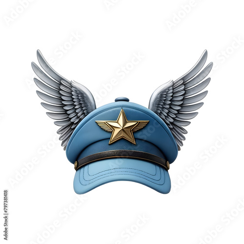 Sky blue pilot cap with wings badge on a transparent background, PNG Format