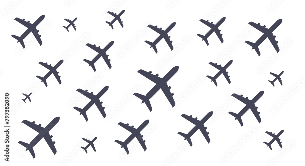 Planes pattern, aircraft are depicted flying in formation against a blank canvas, showcasing a unique pattern of airplane icons isolated on white Planes pattern, aircraft are depicted flying in formation against a blank canvas, showcasing a unique pattern of airplane icons isolated on white