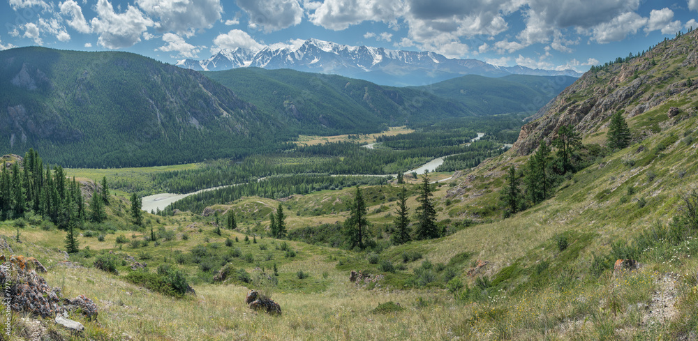 View of the mountain valley, sunny summer day	