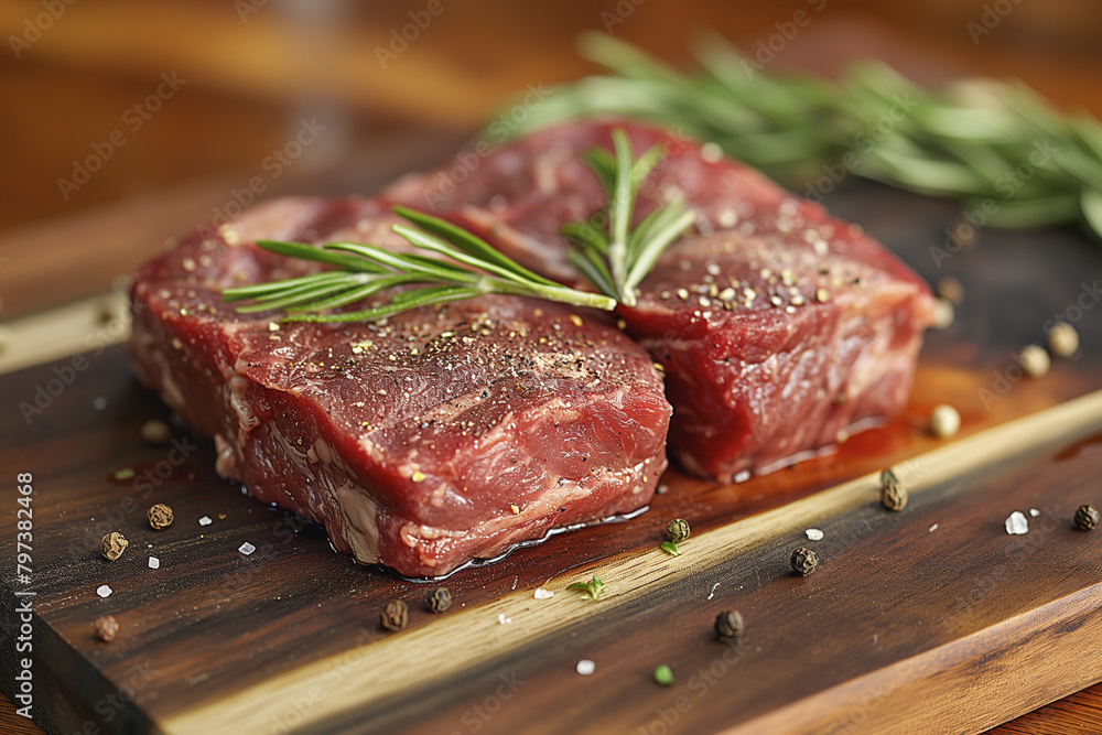 A wooden cutting board with two raw steaks on top. The steaks are seasoned with rosemary, salt, and pepper. A wooden cutting board with two raw steaks on top. The steaks are seasoned with rosemary, salt, and pepper.