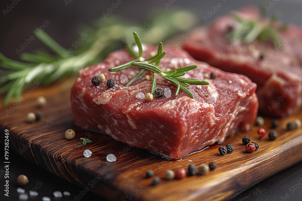 a wooden cutting board with two raw beef steaks on it. The steaks are garnished with sprigs of rosemary and surrounded by peppercorns. The cutting board is placed on a dark surface.