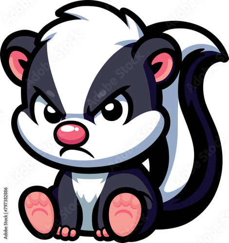 cartoon disgruntled little skunk sitting on the floor