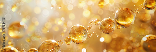 Golden yellow abstract oil bubbles or face serum background. Oil and water bubbles .golden yellow Bubbles oil or collagen serum for cosmetic product, banner poster