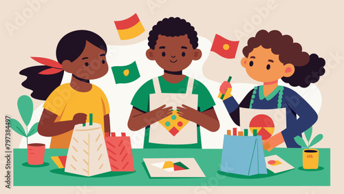 Children using fabric and fabric markers to make personalized Juneteenth themed tote bags learning about the significance of carrying meaningful items. Vector illustration