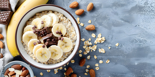 Side view of oatmeal with banana peanut butter sesame and dried fruits in plate on plaid cloth and milk blackthorn almond on wooden background. 