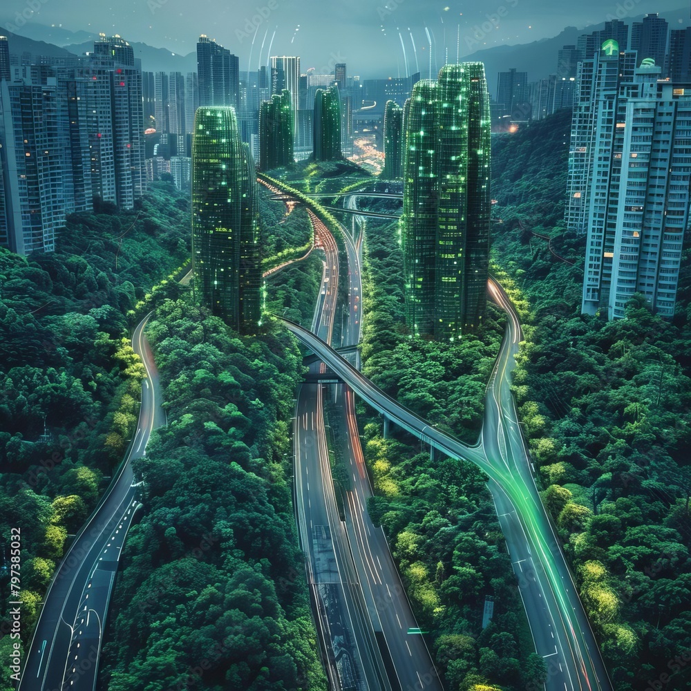 A photo of a city with green buildings and a lot of greenery.