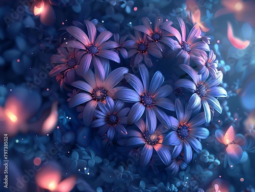 A 3D rendering of a heart-shaped bouquet of blue daisies with butterflies and fireflies on a dark blue background.
