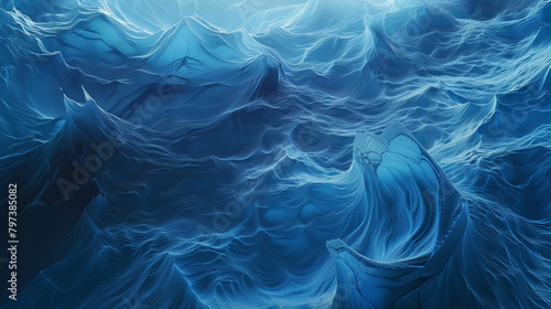 Craft an AI visualization portraying the graceful undulation of azure and deep navy waves, conveying the rhythmic pulse and energy of the ocean's surface in a mesmerizing digital artwork.