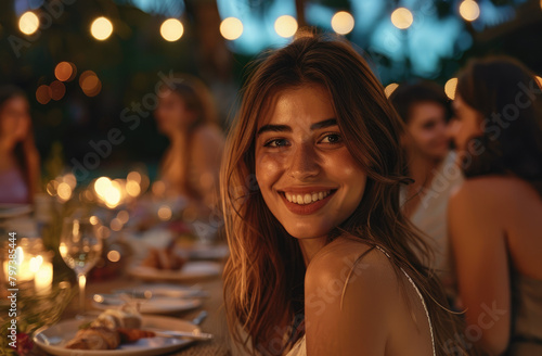 A smiling attractive young woman at an outdoor dinner table with friends under evening lighting, candles and string lights, people in the background creating a relaxed mood with a natural look.