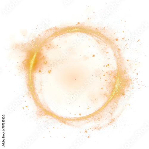The gold particles circle are sprinkled in the air to form a thin isolated on transparent png.	