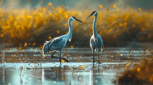 A pair of elegant cranes wading through the shallow waters of a Maasai Mara National Reserve river, their graceful movements and distinctive calls captured in mesmerizing 8k detail,  photo