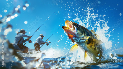 Stylized digital image of a large fish jumping out of the ocean and two fishermen in the background, sport fishing. photo