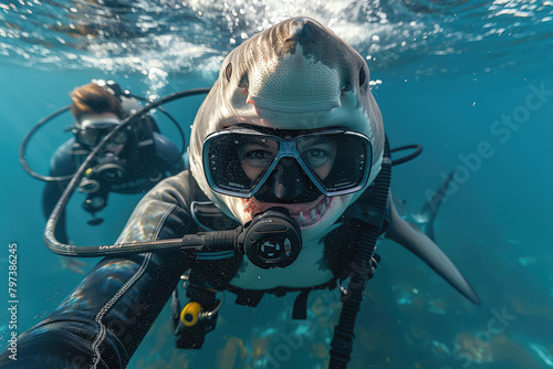 A photo of a female scuba diver taking a selfie with her shark friend. Created with Ai