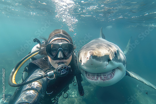 A diver taking a selfie with a great white shark in the style of a happy face. Created with Ai