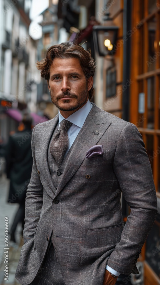 European CEO in a luxury wool suit, ideal for high-stake business scenarios. European CEO in a luxury wool suit, ideal for high-stake business scenarios.
