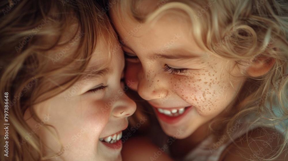 Two young girls are hugging and smiling at the camera Two young girls are hugging and smiling at the camera