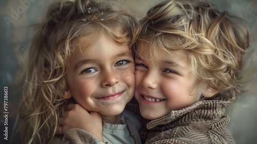 Two young children are hugging each other with their faces showing
