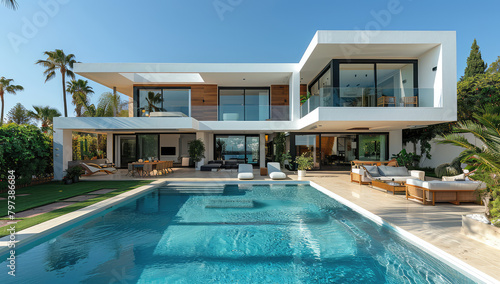 A stunning and modern house in St Tropez, featuring white walls with wooden accents and large windows showcasing the outdoor pool area surrounded by lush greenery. Created with Ai photo