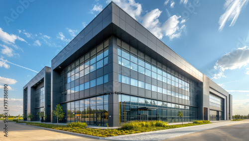 A photo of an industrial building with large windows and modern architecture, featuring dark grey metal cladding on the exterior walls. Created with Ai