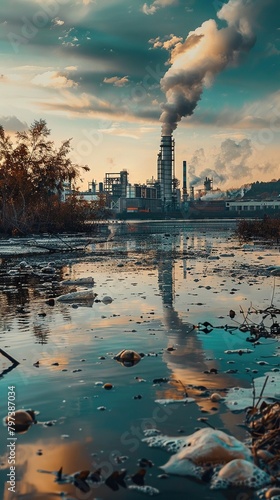 Powerful scene of a polluted river running alongside a factory, with visual effects showing the chemical waste affecting the water quality