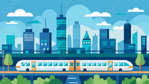 A city skyline viewed from a train with electric trains running smoothly and contributing to a cleaner healthier environment.
