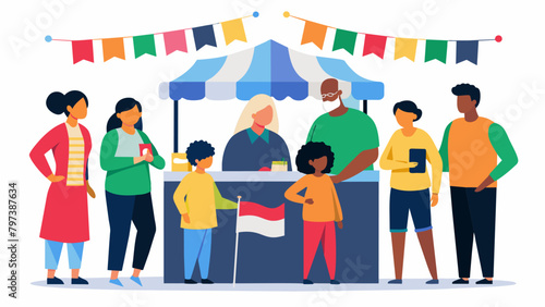 A Legacy Story Booth is set up at a community event with a diverse group of people of all ages waiting in line to record and share their stories. The. Vector illustration