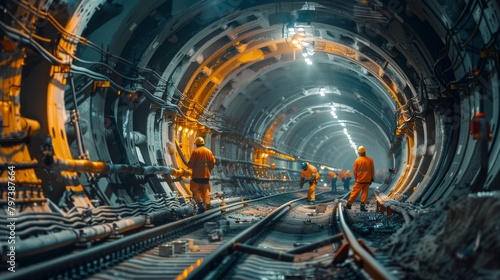 A group of workers are in a tunnel, with the tunnel being orange and yellow