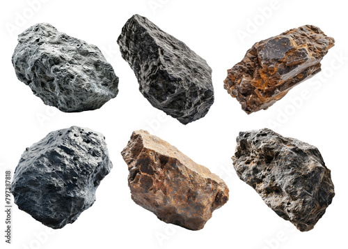 set of six meteor asteroid space rock on transparent background