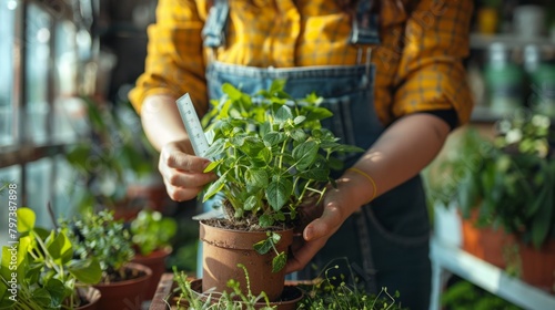 An individual in a flannel shirt and denim apron meticulously measures the growth of a potted plant.