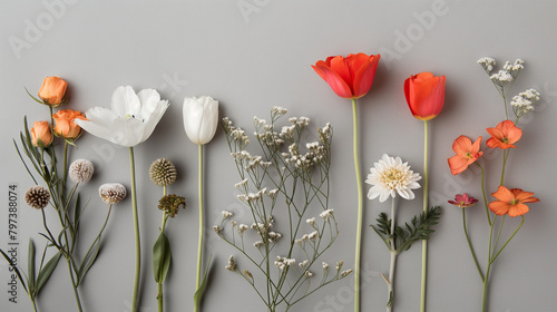 Spring flowers in bloom, red and white tulip, white chrysanthemum, foliage, orange rose on a grey background #797388074