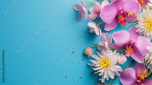 Pink orchids and white chrysanthemums on a blue background, space on the left © Susca Life