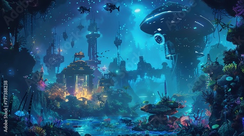 Craft a mesmerizing digital painting of a futuristic underwater landscape from a worms eye view Include sparkling bioluminescent plants  sleek robotic sea creatures  and an ancient sunken city in the