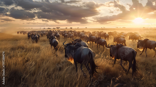 A mesmerizing scene unfolds as a herd of wildebeest embark on their annual migration across the sweeping plains of  Kenya,  photo