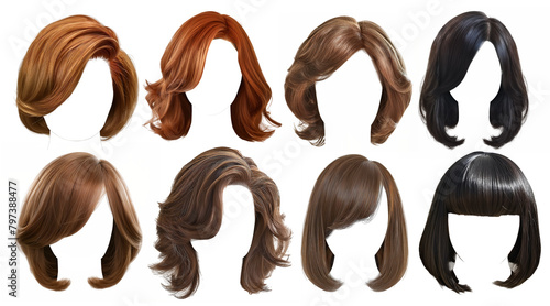 pack of different color short woman hair wig png on transparent background