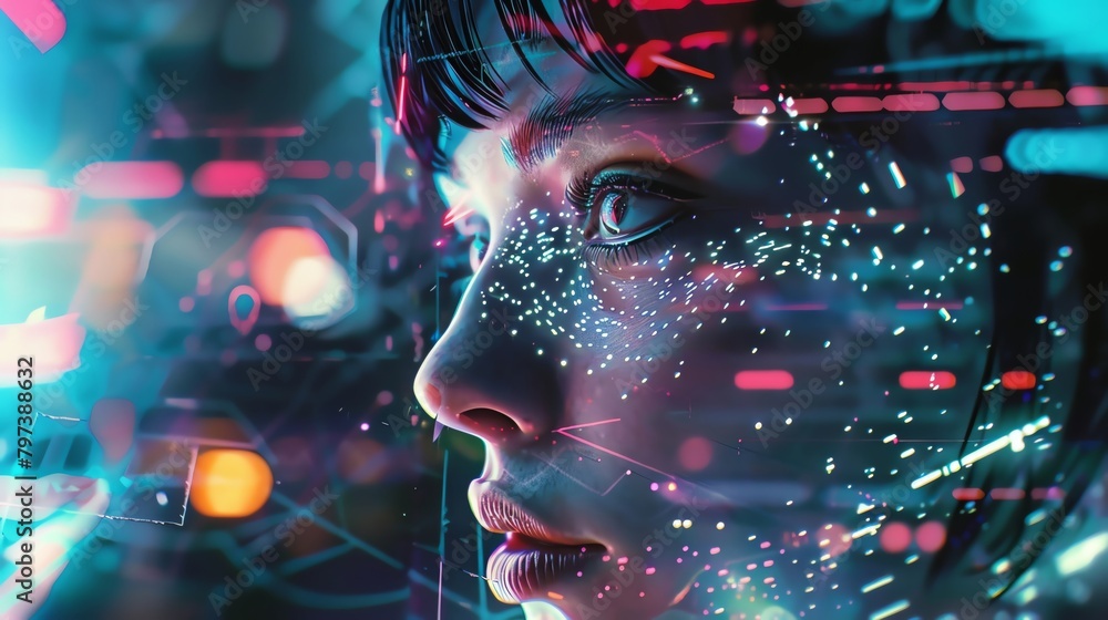 Explore the juxtaposition of futuristic tech and psychological elements up close, depicted with a blend of CG 3D rendering and glitch art Experiment with unexpected camera angles for a dynamic composi Explore the juxtaposition of futuristic tech and psychological elements up close, depicted with a blend of CG 3D rendering and glitch art Experiment with unexpected camera angles for a dynamic composi