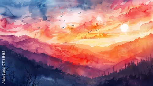 Illustrate a breathtaking sunset over a serene, mountainous landscape in a traditional watercolor medium, highlighting the ethereal romantic atmosphere with a blend of vibrant warm hues and soft, subt photo