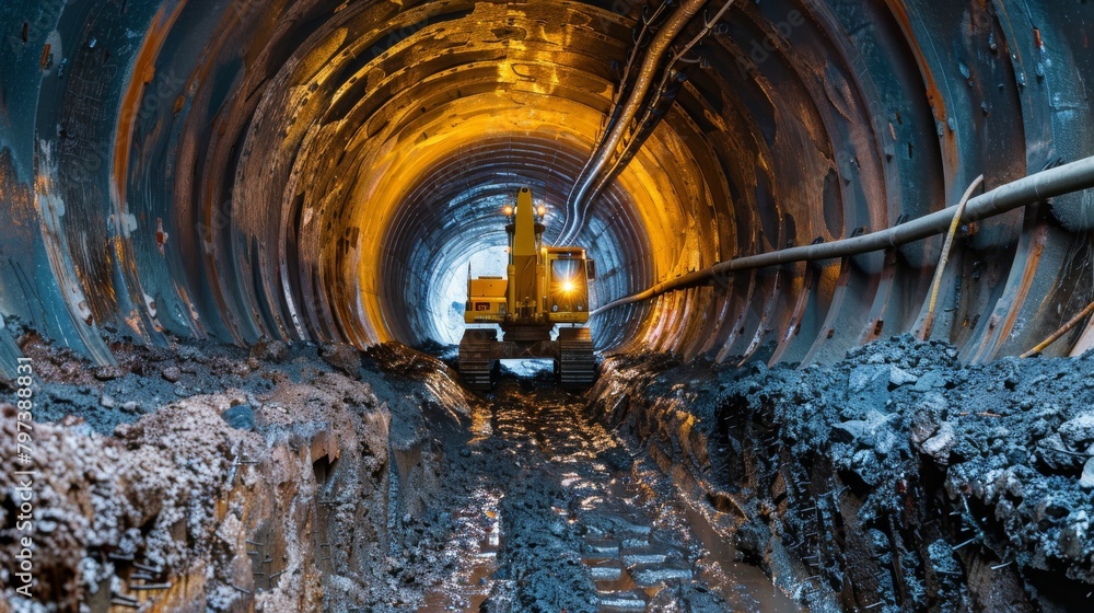 Naklejka premium A large yellow excavator is driving through a tunnel