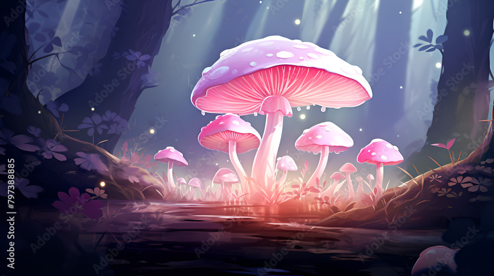 Glowing mushrooms in forest at twilight fantasy style wonderland mystical background
