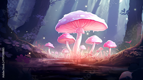 Glowing mushrooms in forest at twilight fantasy style wonderland mystical background
 photo