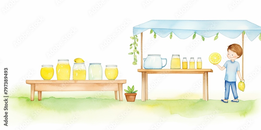 Obraz premium watercolor painting of A boy is selling lemonade at a lemonade stand. He is wearing a blue shirt and white shoes. The stand has a blue awning and there are lemons and jars of lemonade on it.