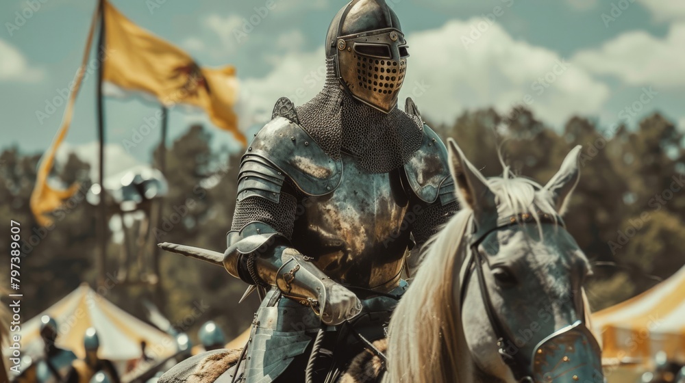 Obraz premium A knight in armor riding a horse at a medieval festival