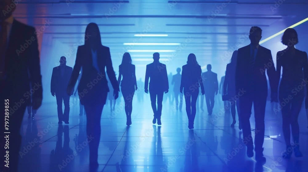 A blurred procession of business professionals captured in silhouette against a futuristic blue-lit corridor. A blurred procession of business professionals captured in silhouette against a futuristic blue-lit corridor.