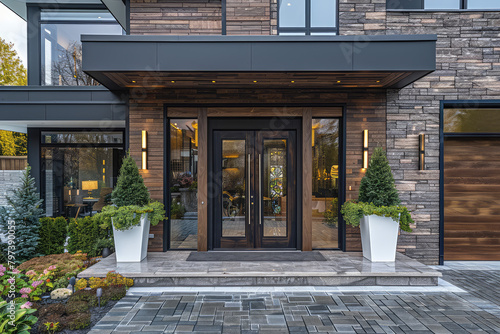 A photo of the front door and entrance to an elegant modern home with wooden accents, featuring large windows, potted plants, flowers, gray stone walls. Created with Ai