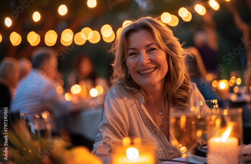 smiling middle aged woman at an outdoor dinner table with friends, candles and string lights, evening light, warm tones in the style of friends gathered at an outdoor dinner table lit with candles