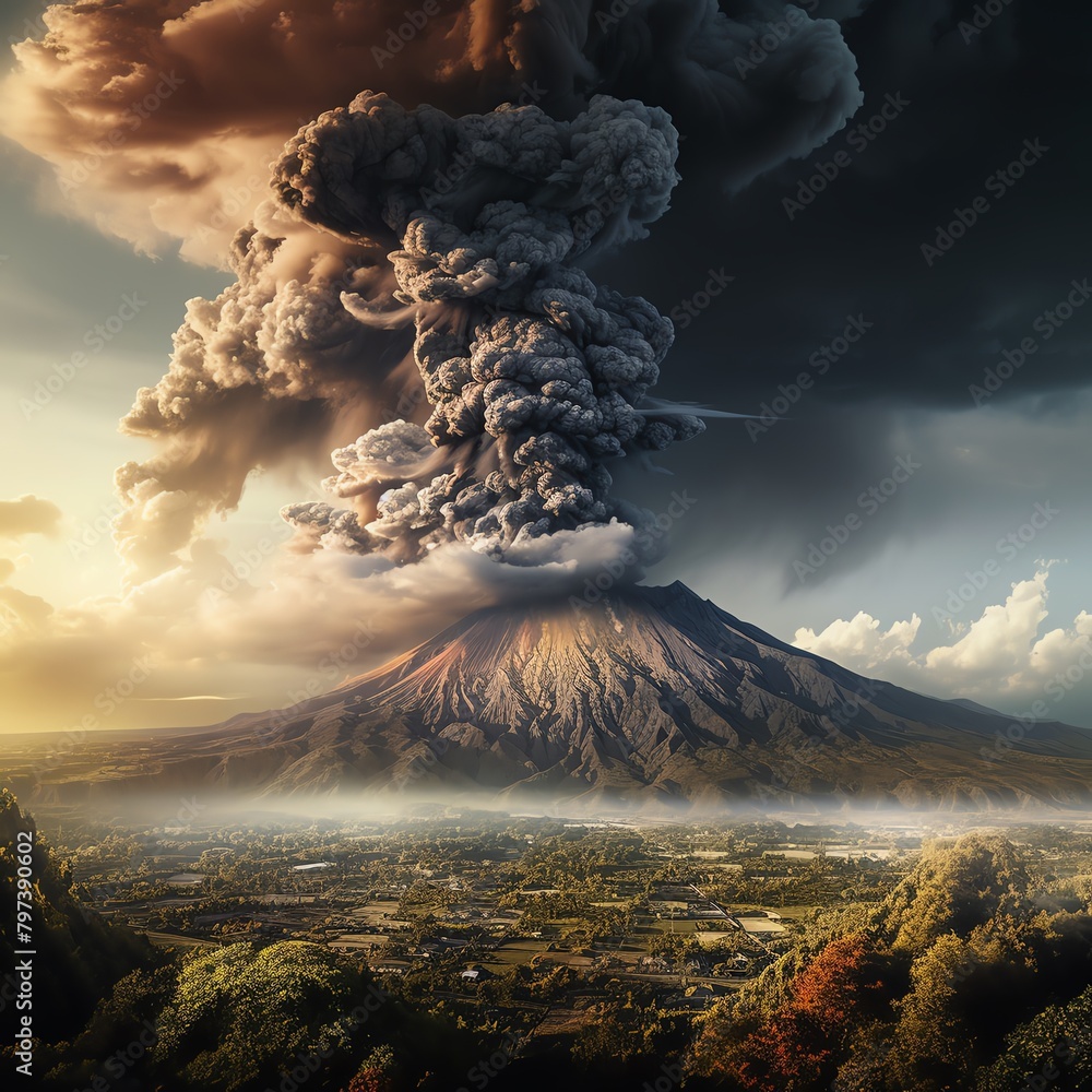 Panoramic view capturing the dramatic expanse of Ash Plumes rising powerfully from an active volcano, the wide frame encompasses the sprawling landscape below