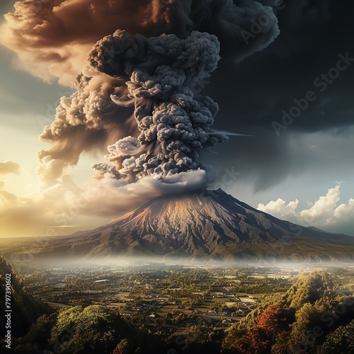 Panoramic view capturing the dramatic expanse of Ash Plumes rising powerfully from an active volcano, the wide frame encompasses the sprawling landscape below photo