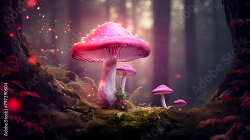Fantasy magical Mushroom glade and Ladybugs enchanted forest background
 photo