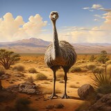 Wide view showing the Opal-Eyed Ostrich in its natural habitat, striding confidently across the plains, the broad frame allows for a sweeping view of the landscape