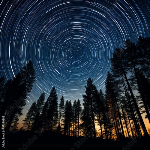 Close-up view focusing on the circular patterns of star trails centered around the North Star, framed by the silhouettes of towering trees, this ratio provides a more intimate